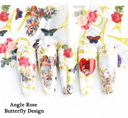 Vista 4 de Calcomanías holográficas de transferencia de uñas, hojas de esmalte de uñas de corazón de amor, láminas de transferencia de papel estrellado