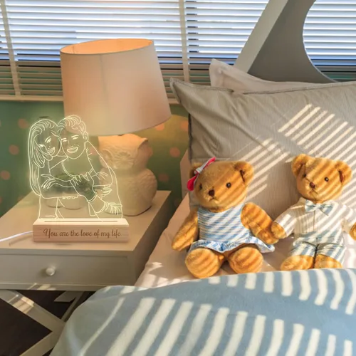 Vista 7 de Lámpara de fotos personalizada de ilusión de retrato 3D, placa grabada con imagen personalizada, luz nocturna con base de madera, lámpara LED