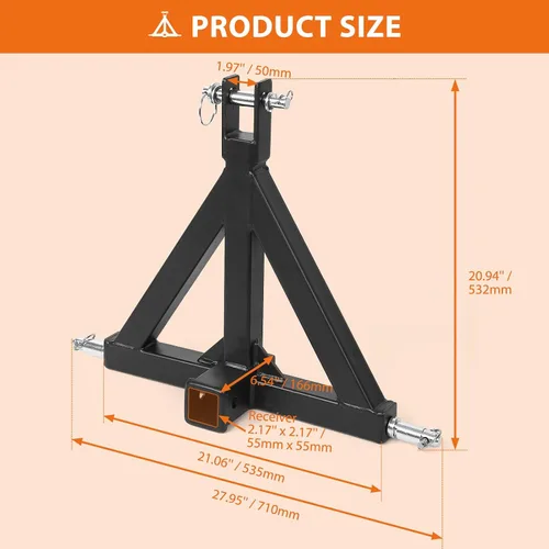 Vista 5 de GAOMON Enganche receptor de 3 puntos de 2 pulgadas, receptor HD de 2 pulgadas, adaptador de enganche de 3 puntos para tractores Cat1, LM25H, Kubota