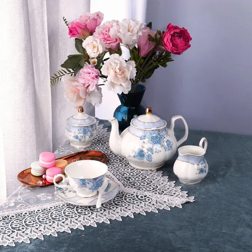 Vista 7 de fanquare Juego de té de porcelana con flores azules, juego de taza de té y platillo para 6, juego de té de boda con jarra de crema, juego de café