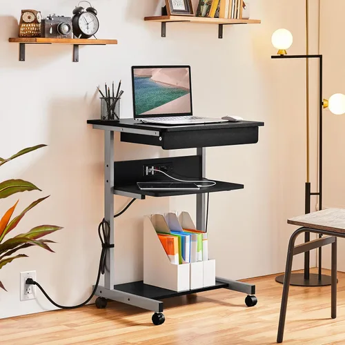 Vista 2 de Yaheetech - Escritorio pequeño para computadora con toma de corriente, carrito para laptop, color negro A Small Rolling Desk with a Power Outlet