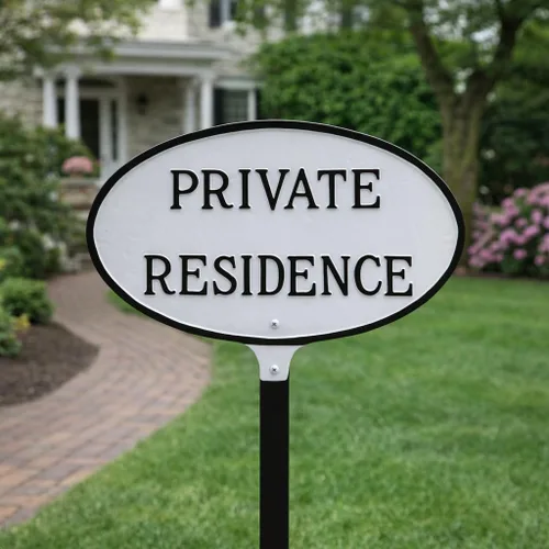 Vista 2 de Montague Metal Products Letrero de residencia privada – Placa de metal ovalada blanca y negra con estaca para césped, 8.5 x 13 pulgadas, letrero