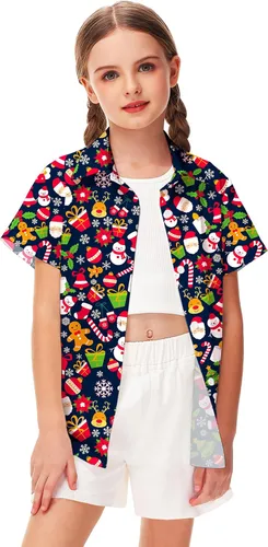 Vista 4 de Remimi Camisa unisex de Halloween para niños, camisetas hawaianas de manga corta con botones feos de 5 a 14 años Christmas Gift