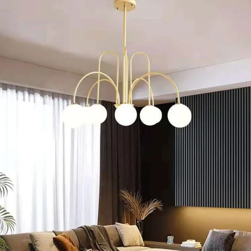 Vista 2 de Modern Chandelier Modern Globe Brushed Brass Metal Pendant Light with Adjustable Rods Hanging Ceiling Lighting Fixture for Kitchen Dining Room
