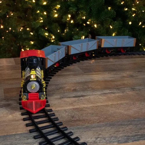 Vista 2 de Juego de 20 trenes navideños animados rojos y dorados, funciona con pilas, con sonido