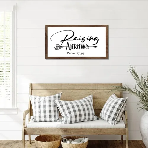 Vista 5 de Letrero artístico de madera de 12 x 22 pulgadas con cita motivacional con flechas de elevación, versículo bíblico, marco de madera de albaricoque