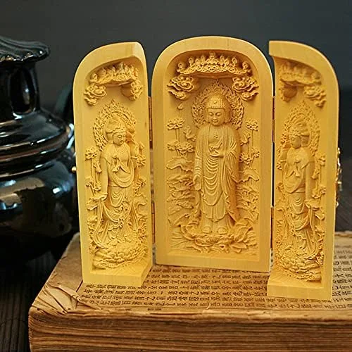 Vista 9 de Kwan Yin Buda Shakyamuni Estatua de madera de boj tallado escultura plegable caja santuario