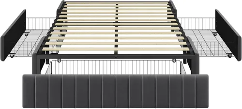 Vista 3 de Topeakmart Base de cama tapizada de tamaño matrimonial con 3 cajones, plataforma de almacenamiento con soporte de listones de madera, base