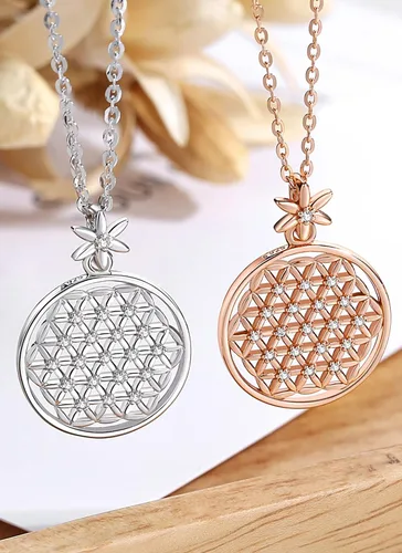 Vista 3 de CELESTIA Collar con colgante de flor de la vida de plata de ley y oro rosa cadena de 18 pulgadas