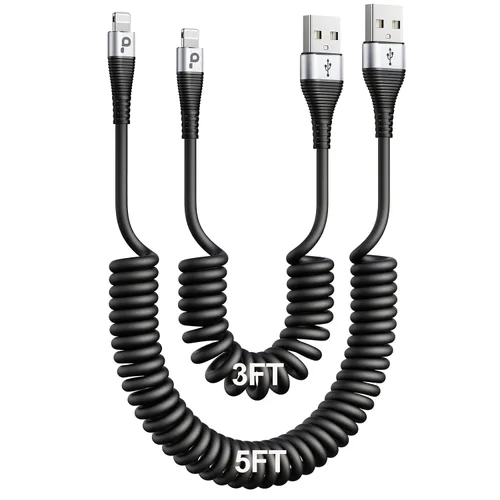 Vista 12 de Cable de carga para iPhone para automóvil de 3 pies, paquete de 2 cables Lightning enrollados, [certificado Apple MFi] cable de carga retráctil