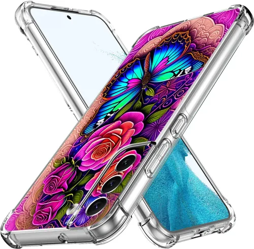 Vista 2 de Funda para Galaxy S22 Plus, protección contra caídas de rosas y mariposas azules, a prueba de golpes, de cuerpo completo, resistente a los arañazos
