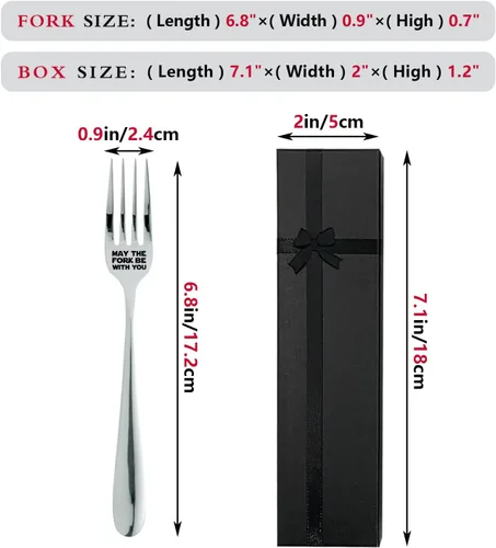 Vista 2 de May The Fork Be With You, divertido tenedor de postre de acero inoxidable grabado con caja de regalo