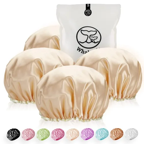Vista 9 de Gorro de ducha para mujer, reutilizables, extra grandes, para hombres, de satén, de doble capa, EVA, impermeable, gorro de pelo largo