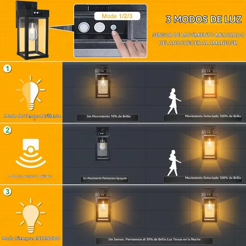 Vista 3 de Luces Solares de Pared para Exteriores, Aplique con Sensor de Movimiento con 3 Modos de Iluminación, Luminarias de Porche Exterior del Atardecer al