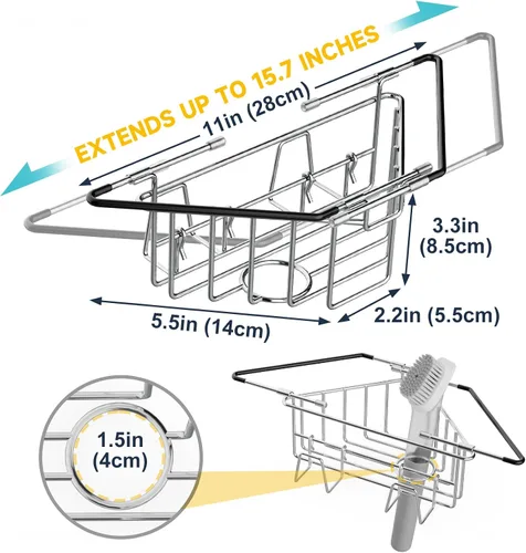 Vista 8 de NiHome Soporte de esponja ajustable de acero inoxidable con brazo extensible, fácil de instalar, ahorra espacio, soporte de esponja ajustable