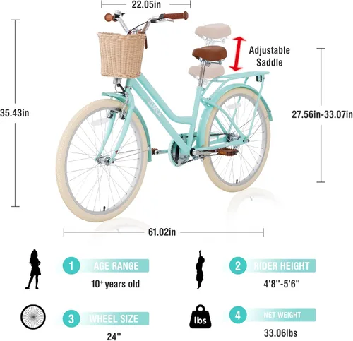 Vista 2 de ZUKKA Bicicleta para niños de 20/24 pulgadas con cesta de una sola velocidad, freno delantero en V y freno trasero para niños mayores de 7 años