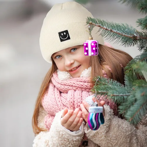 Vista 5 de Mepase Gorro de punto con cara sonriente para bebé, 3 unidades, para niños pequeños, gorro de invierno suave bordado con cara sonriente
