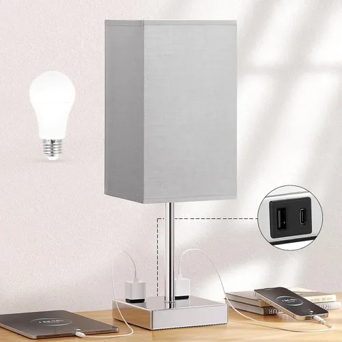 Vista 15 de Lámpara de mesa de noche táctil, con pantalla, puertos de carga USB C+A y salidas de CA duales, para dormitorio, sala de estar, oficina