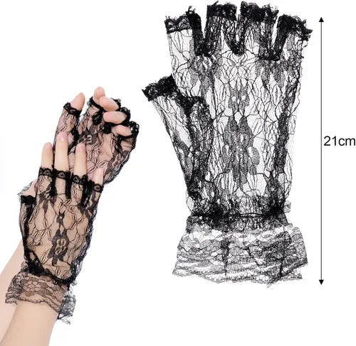 Vista 3 de choyaxo Velo de novia de encaje negro, velo de novia de encaje floral, velo de Halloween con peine y guantes cortos de encaje negro para mujeres