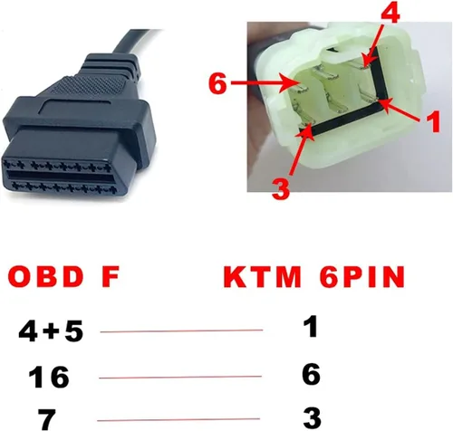 Vista 5 de cable adaptador de 6 pines a 16 pines, diagnóstico de fallas del motor OBD2 y detector, se ajusta para programación de ECU de motocicletas KTM