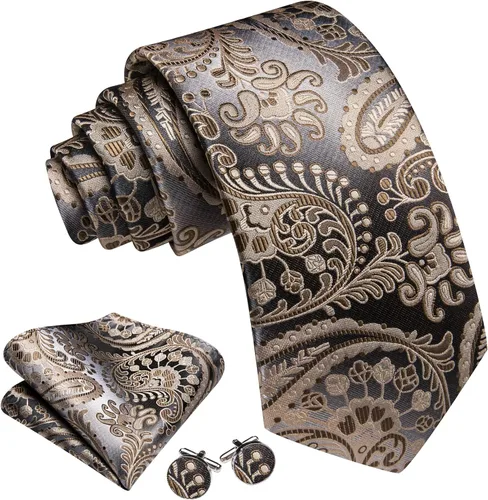 Vista 156 de Barry.Wang - Juego de corbata de seda para hombre, diseño de cachemira, pañuelo y gemelos de bolsillo