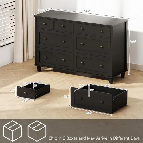 Vista 2 de Cómoda de madera con 8 cajones de 56.3 pulgadas de ancho, cómoda de almacenamiento grande para dormitorio, sala de estar, pasillo, entrada Negro
