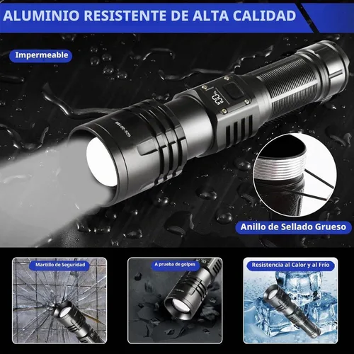Vista 6 de Linternas LED Recargables de Alto Lúmenes, Linterna de 10000mAh de Alta Potencia Impermeable Más Brillante Linterna Zoomable con Foco