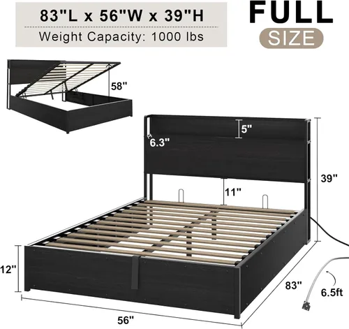 Vista 2 de AMERLIFE Marco de Cama de Almacenamiento Elevable Tamaño Completo, Marco de Cama de Plataforma de Madera con Almacenamiento Elevable y Estación