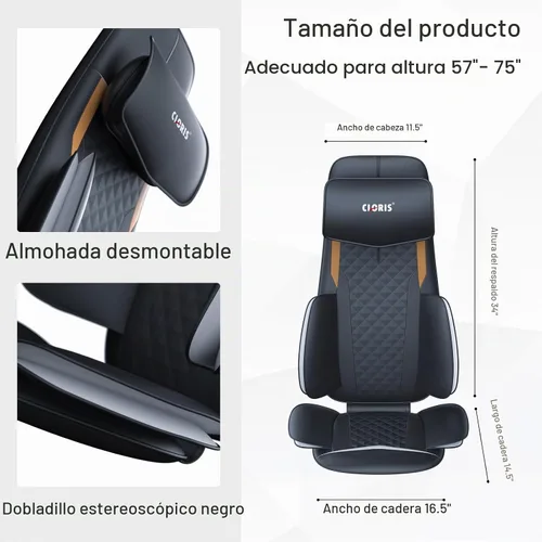 Vista 3 de CLORIS - Masajeador de cuello y espalda con calor, almohadilla para silla Reposacabezas ajustable automático, compresión y rodamiento Shiatsu 3D