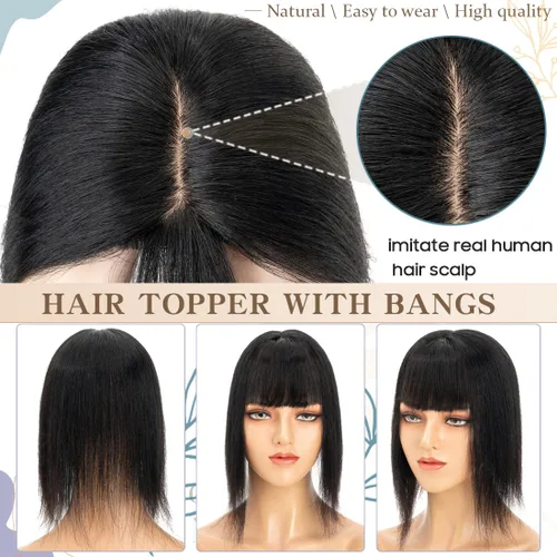 Vista 4 de S-noilite Toppers de cabello humano real con flequillo, postizo de clip con flecos, densidad del 130%, base de seda, 1.58 oz, 10 pulgadas, negro