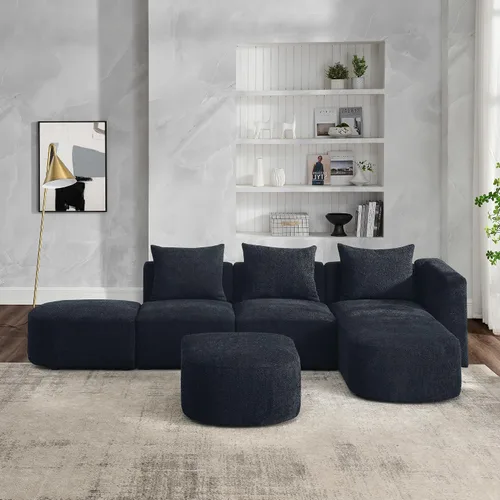 Vista 24 de Quarte Sofá seccional en forma de U, sofá modular con dos asientos individuales, dos sillas, combinación de bricolaje, tela de hilo en bucle Beige/5