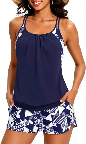 Vista 21 de Holipick Trajes de baño tankini de dos piezas con control abdominal, top de baño tipo blusa con shorts estilo boy shorts Verde Aqua