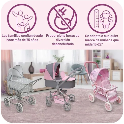 Vista 3 de Badger Basket carriola doble para muñecas - Carrito para muñeca bebé con asientos ajustables y canastilla de almacenamiento - Se ajusta a muñecas