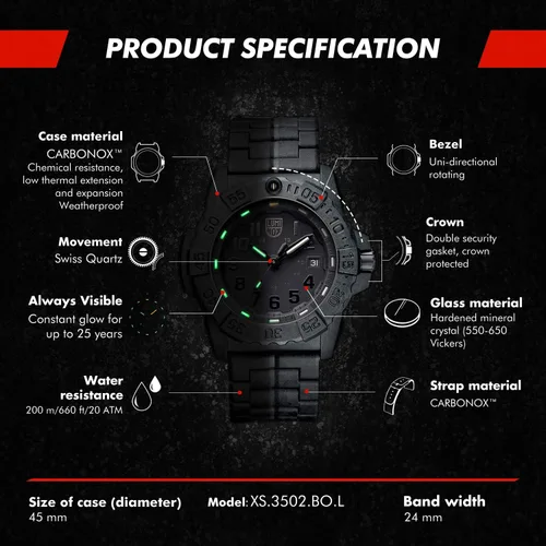 Vista 4 de Luminox Reloj de cuarzo NavySEAL Carbon Compound 3500 Series para hombre, Negro -, Pulsera