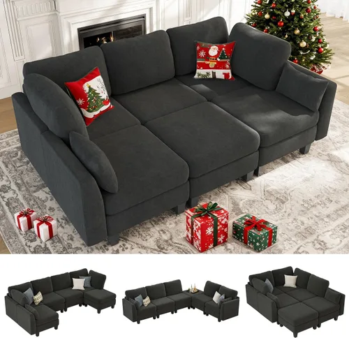 Vista 8 de Sofá seccional con sofá cama, sofá modular de 6 plazas, cómodos sofás seccionales convertibles, sofás convertibles con otomanos, sofás seccionales