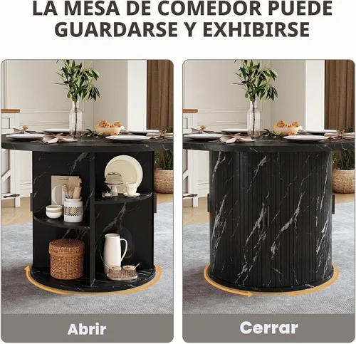 Vista 2 de Miereirl Juego de mesa y sillas de comedor moderno redondo, con una mesa de comedor de madera equipada con compartimentos de almacenamiento