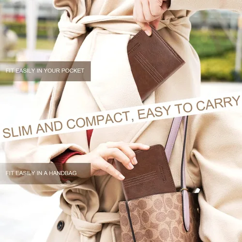 Vista 6 de APHISON Billetera para mujer, delgada y pequeña, cartera RFID para mujer, 01A125café, Moda