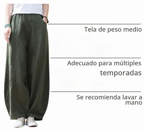 Vista 4 de Pantalones de lino y algodón holgados para mujer, con cintura elástica para relajarse. Pantalones estilo harén Verde militar