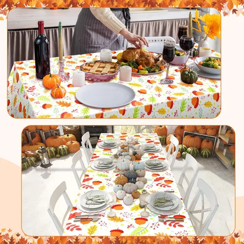 Vista 6 de Newwiee Paquete de 3 manteles de Acción de Gracias de 108 x 54 pulgadas, manteles de plástico desechables de otoño, mantel rectangular impermeable
