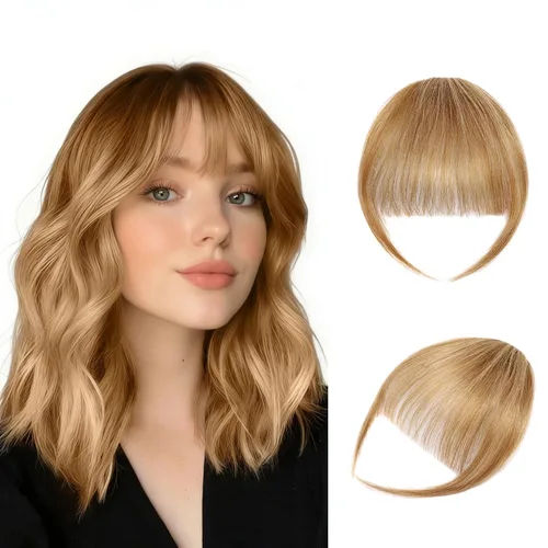 Vista 9 de Extensiones de cabello humano 100 % real, flequillo ondulado, color marrón oscuro, piezas de cabello falso, flequillo delgado, clip para mujer
