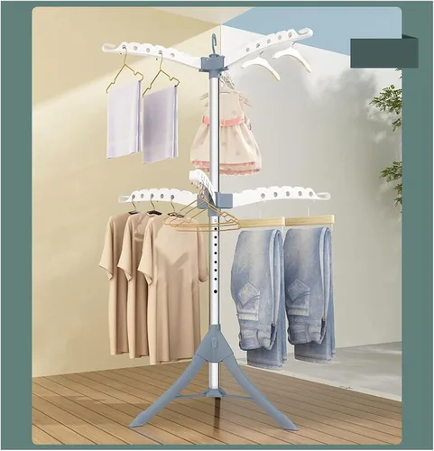 Vista 4 de TOMYEUS Tendedero plegable de secado de ropa y ropa, altura ajustable, acero inoxidable, 3 patas resistentes, 2 niveles, estante de secado de ropa