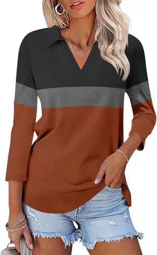 Vista 16 de TICTICMISS - Camisas polo de cuello en V para mujer, manga 3/4, con cuello, tops casuales de negocios, tops de verano a la moda, holgados