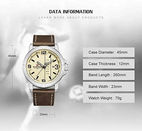 Vista 2 de NAVIFORCE Date Quartz Men Casual Militar Sports Japón Movimiento de cuarzo Relojes de pulsera de cuero genuino plata