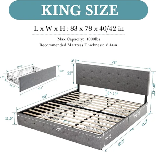 Vista 2 de HOOMIC Base de cama de plataforma tamaño King con 4 cajones de almacenamiento, cabecera ajustable con diseño de botones cosidos cuadrados, listones