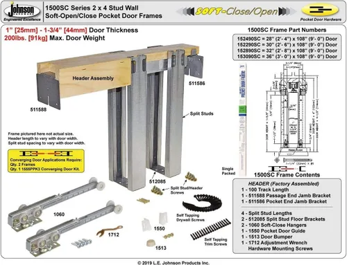 Vista 6 de Johnson Hardware 1500 Serie de cierre suave grado comercial Marco de puerta de bolsillo para pared de montantes de 2x4 (71 cm x 203 cm)