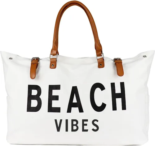 Vista 8 de Lamyba Bolsa de playa con mango de cuero vegano, extra grande, para mujer, impermeable, a prueba de arena, color blanco