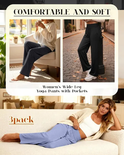 Vista 2 de Neer - Conjunto de 3 pantalones de yoga de pierna ancha para mujer - Pantalones deportivos cómodos, holgados, de cintura alta y casuales