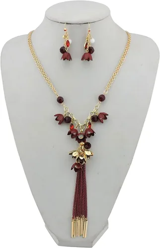 Vista 2 de Bocar Conjunto de joyería de 2 capas de cadena larga con colgante de flor y borlas para mujer