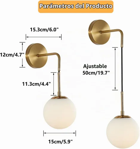 Vista 2 de KCO Lighting Juego de dos apliques de pared de vidrio blanco esmerilado con globo esférico dorado de latón, luz de pared con cable ajustable