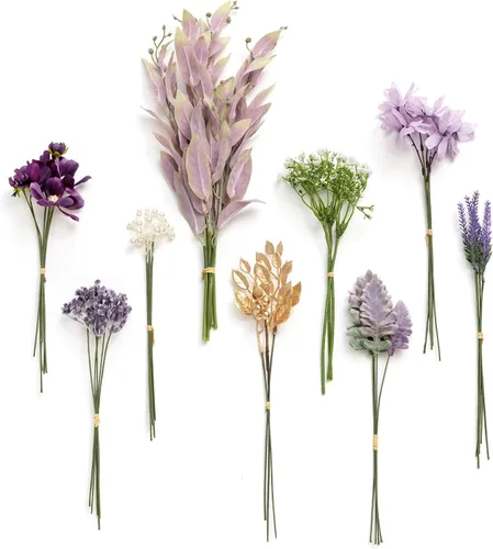 Vista 10 de Ling's moment - Juego de tallos de vegetación artificial verde, 36 piezas con 8 tipos de flores artificiales para ramos de novia de bricolaje Negro